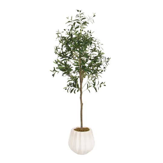 Kate and Laurel 5ft. Oliveira Faux Olive Tree in Claudel Scalloped Distressed White Planter